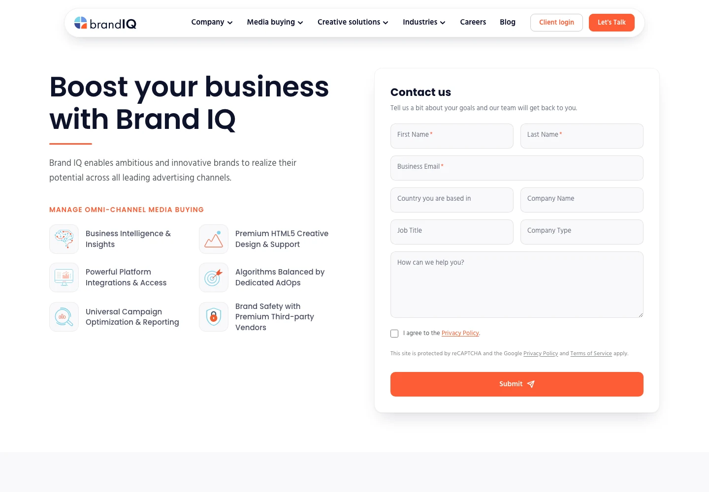 Заснета страница за контакт на Brand IQ със списъка Manage omni-channel media buying и формата Contact us
