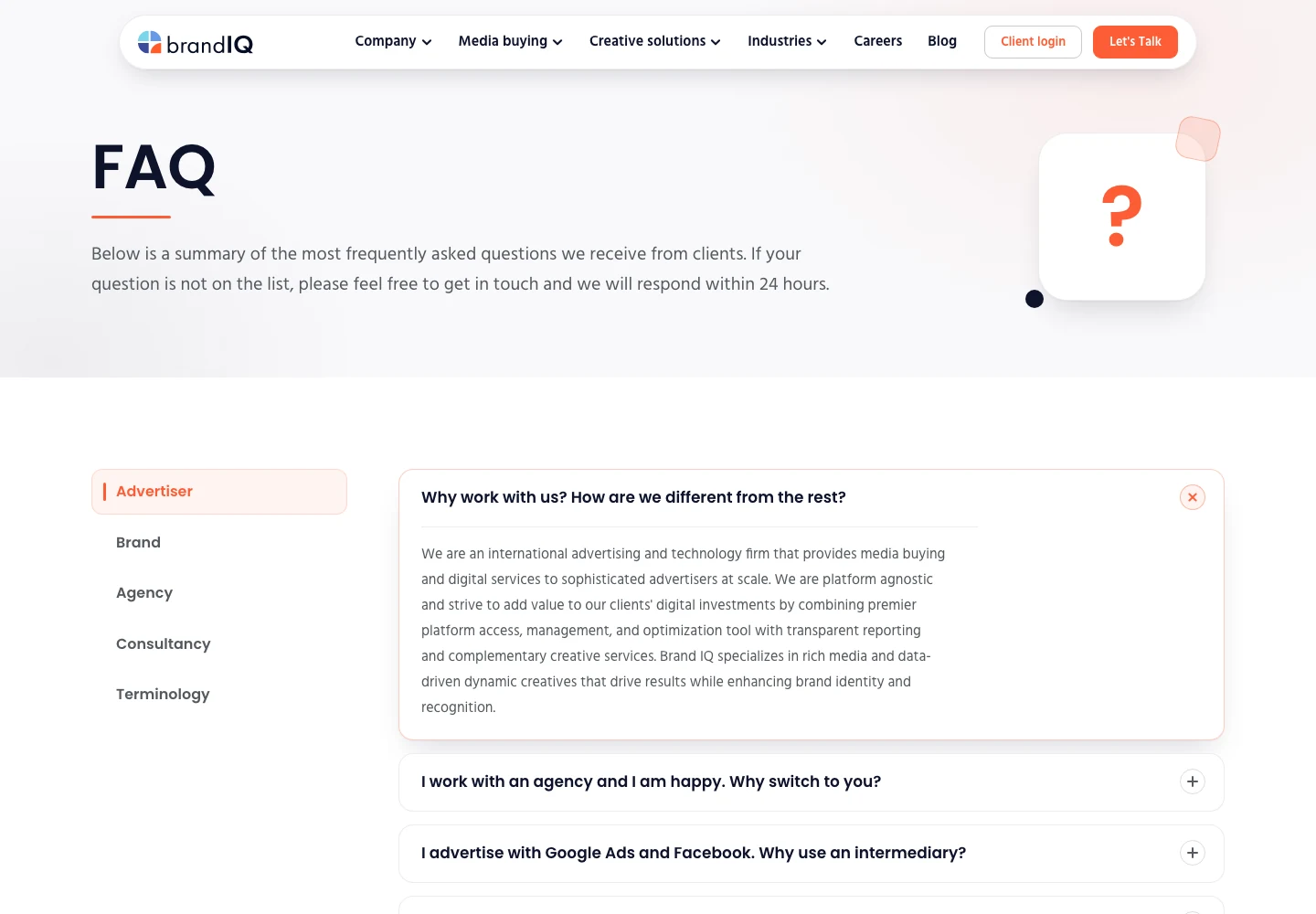 Заснета страница FAQ на Brand IQ с въведение, лента с групи от Advertiser до Terminology и отворен първи отговор