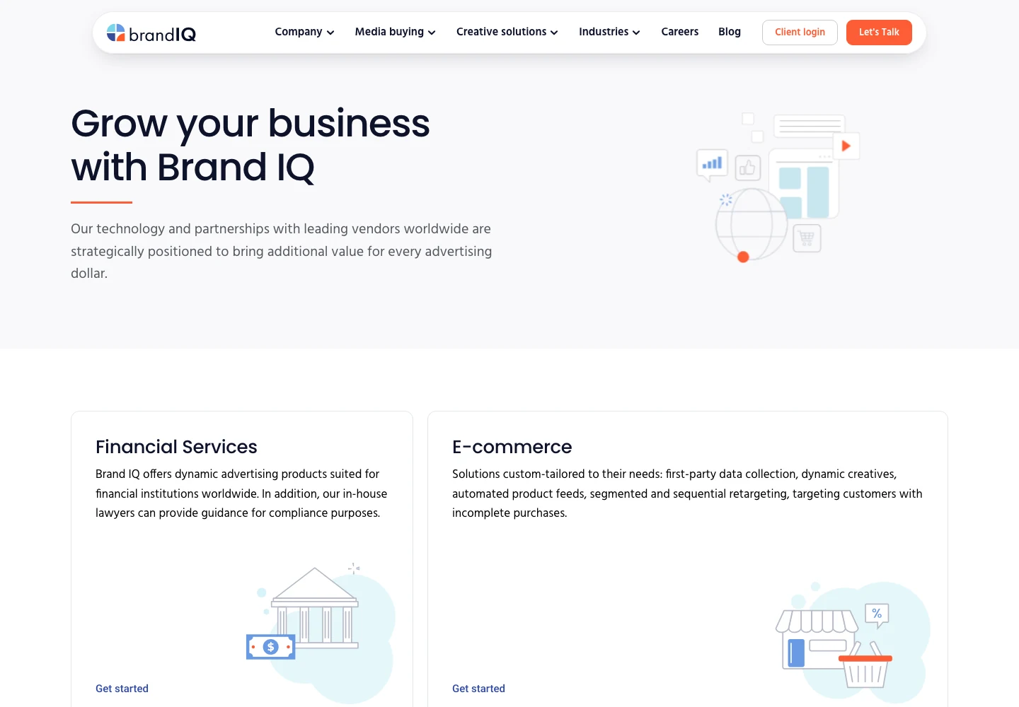 Заснет преглед по сектори на Brand IQ със заглавието Grow your business и карти за Financial Services и E-commerce