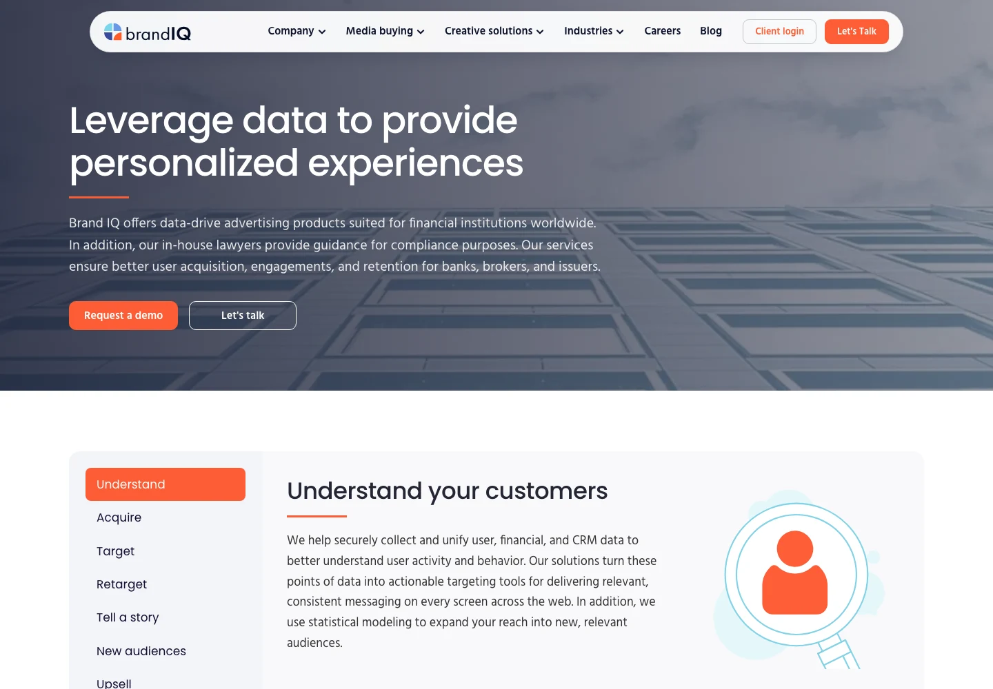 Заснета страница Financial Services на Brand IQ с въведение, бутони за демо и контакт и секцията с раздели Understand your customers