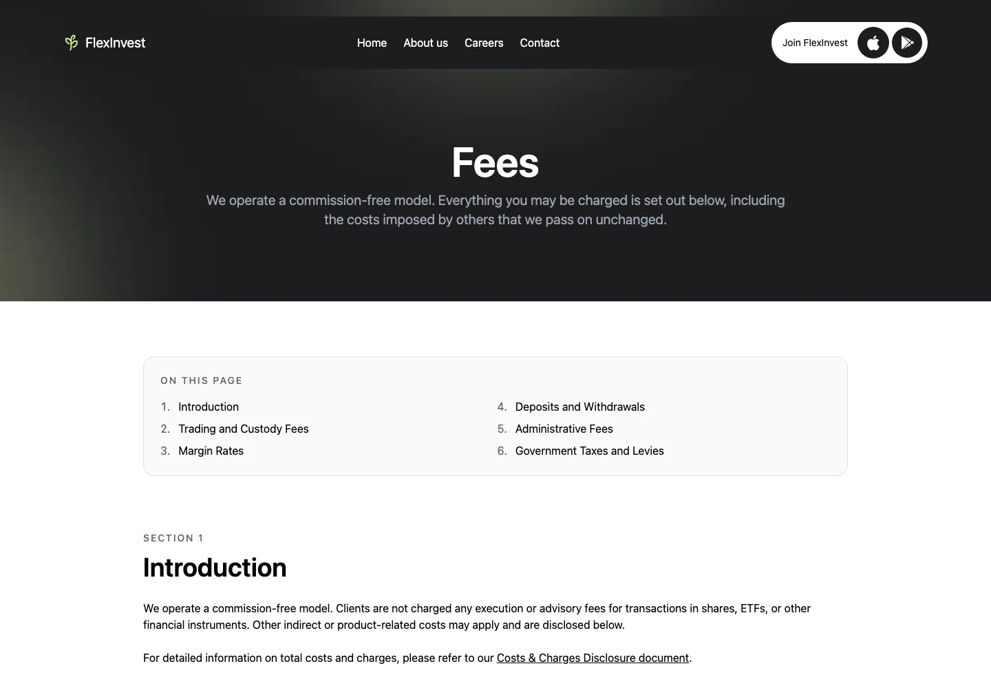 Заснета страница с такси на FlexInvest с въведение, индекс на страницата и първи раздел
