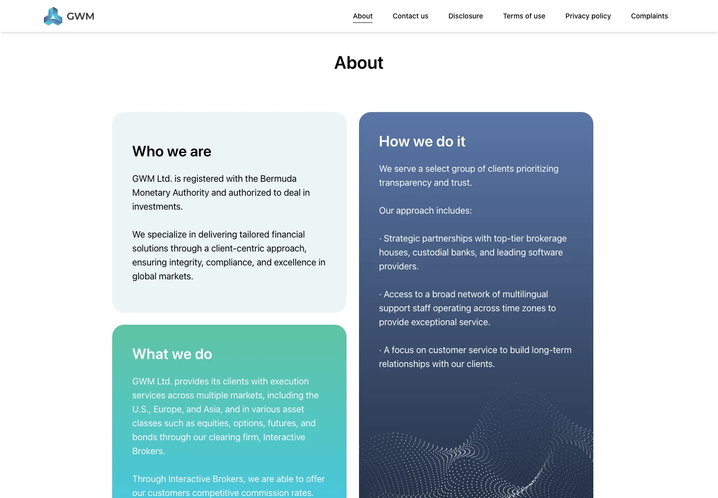 Erfasster About-Abschnitt von GWM Ltd. mit drei Karten: Who we are, What we do und How we do it