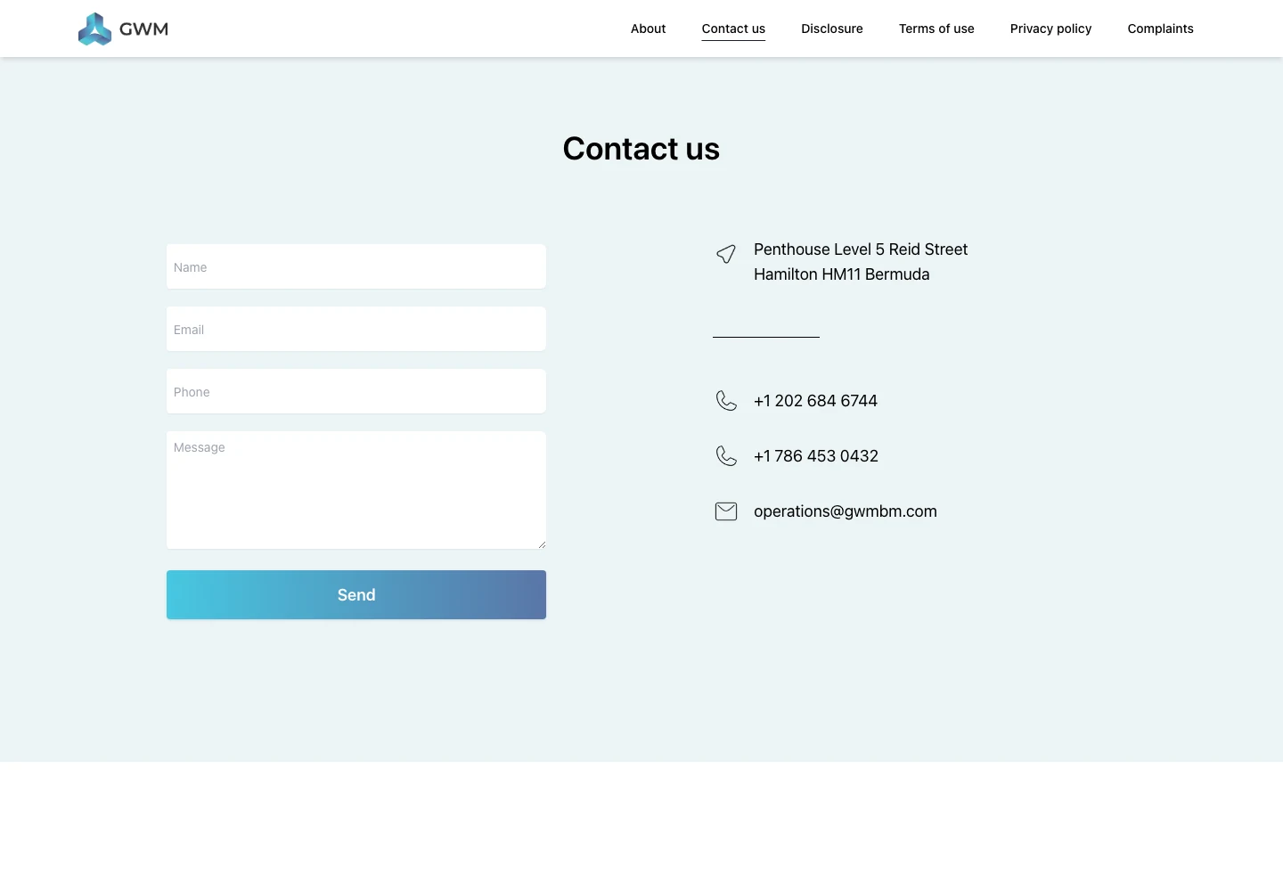 Erfasster Abschnitt Contact us von GWM Ltd. mit Anfrageformular und direkten Kontaktdaten