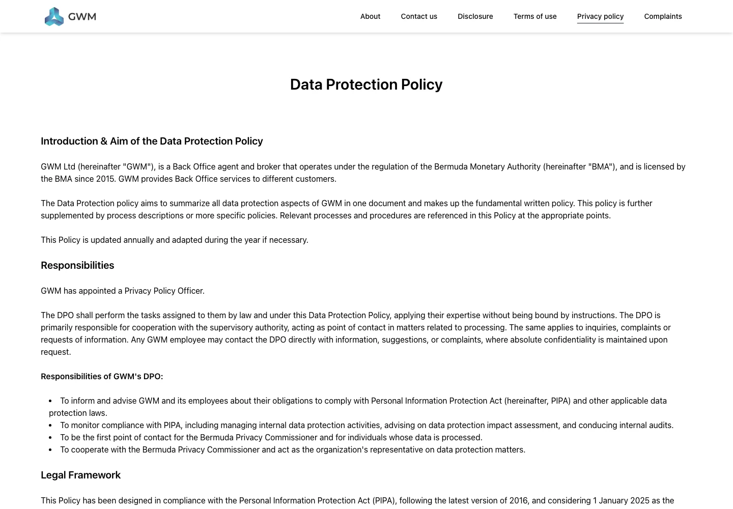 Erfasster Abschnitt Data Protection Policy von GWM Ltd. mit Einleitung, Verantwortlichkeiten und rechtlichem Rahmen