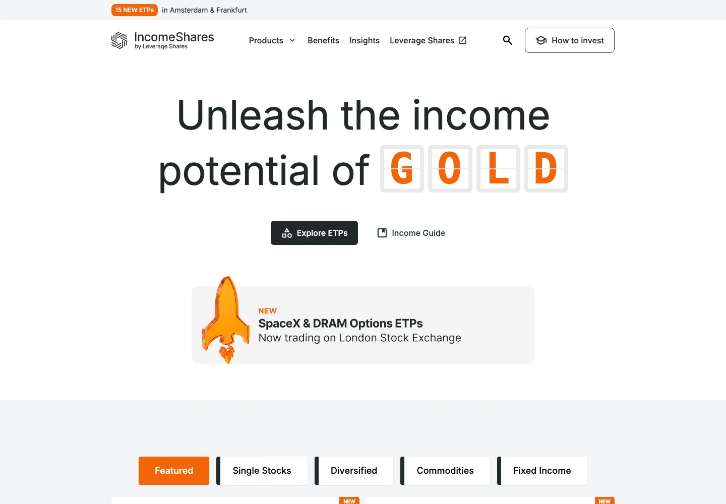 Erfasste Startseite von IncomeShares mit Produktmenü, Suche im Header, Button Explore ETPs und Kategorie-Tabs