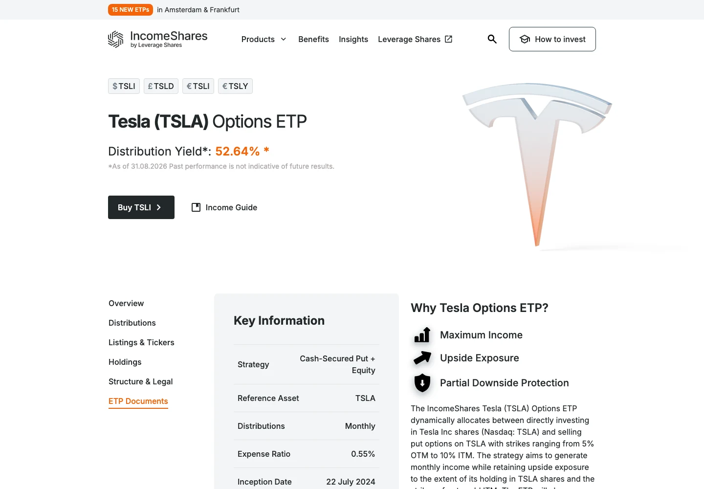 Erfasste Seite des IncomeShares Tesla Options ETP mit Tickern, Produktname, Kaufbutton, Abschnittsindex und Key Information