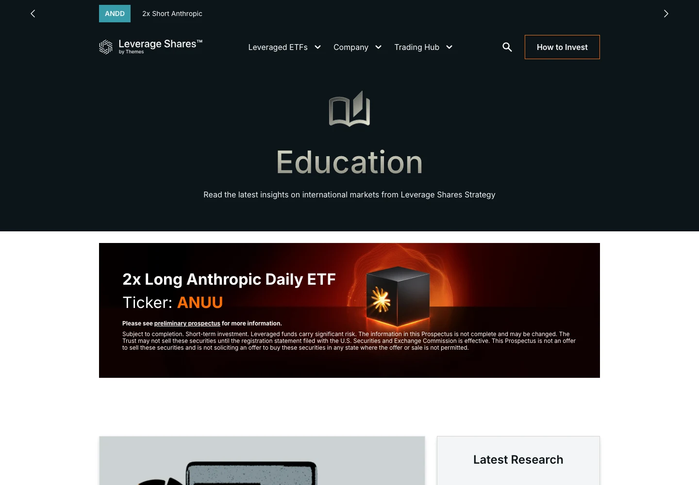 Captured Leverage Shares Education page with its heading, the featured product banner, and the start of the article list