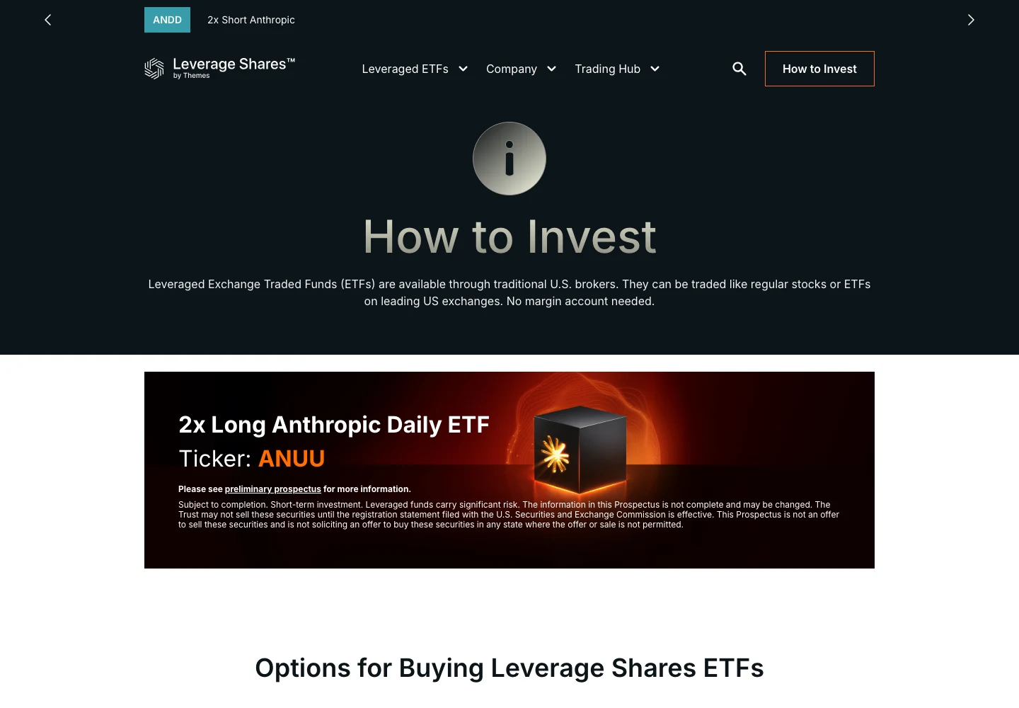 Captured Leverage Shares How to Invest page with its introduction, the featured product banner, and the Options for Buying heading