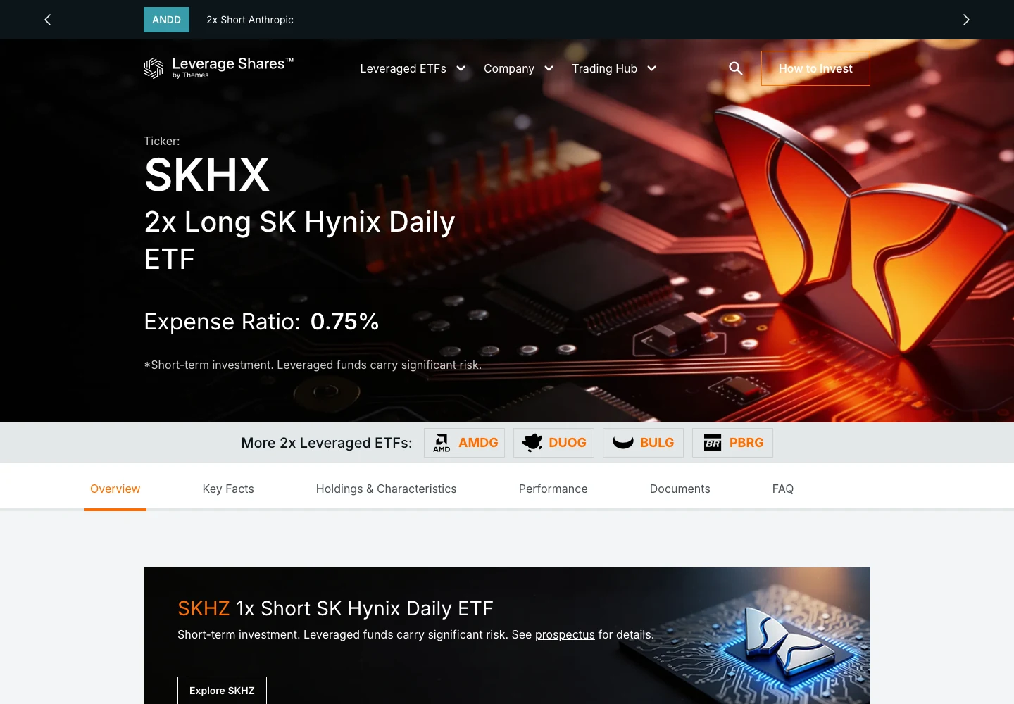 Captured SKHX product page with the ticker, fund name, published figures, risk note, related ETFs, and section tabs