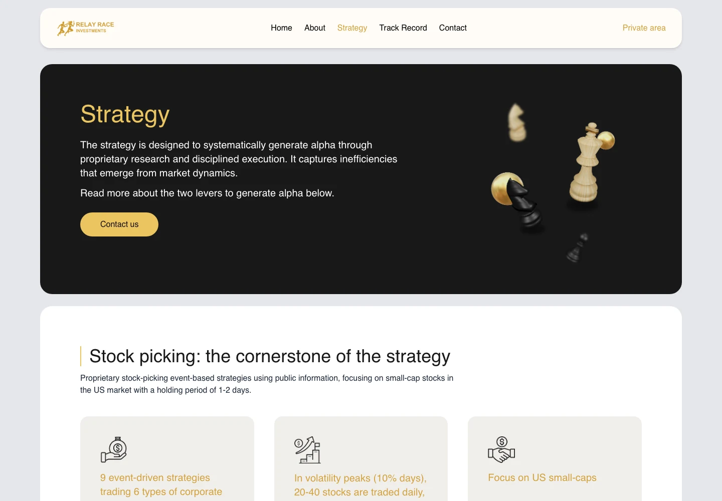 Erfasste Strategy-Seite von Relay Race Investments mit Überschrift, Einleitung, Kontaktbutton und Stock-Picking-Abschnitt