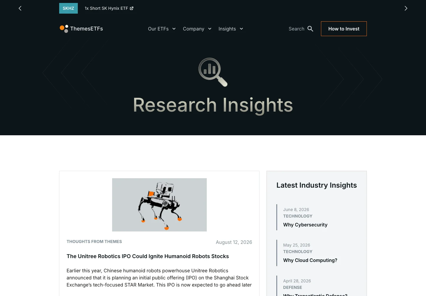 Erfasste Themes ETFs Seite Research Insights mit einem hervorgehobenen Beitrag und den neuesten Branchenanalysen