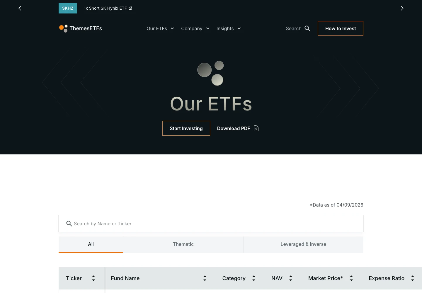 Erfasste Ansicht des Themes ETFs Katalogs mit Suche, Kategoriefiltern und Produkttabelle