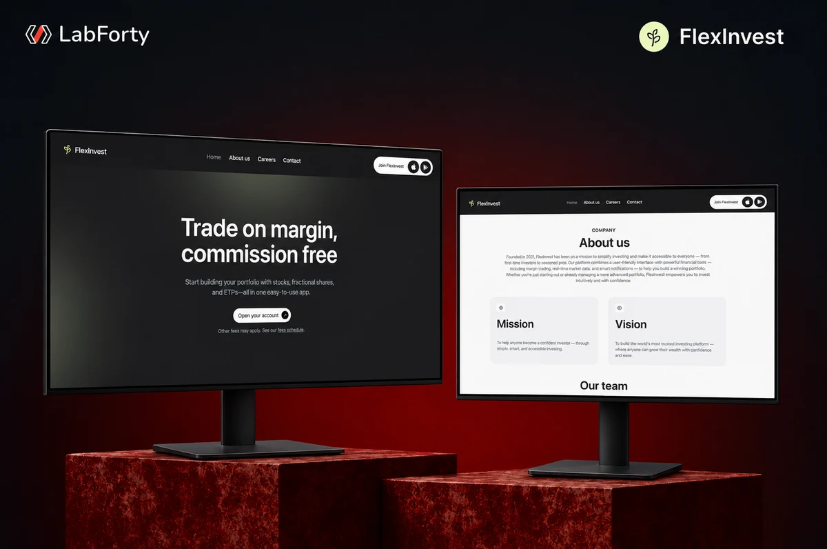 FlexInvest public website shown across two desktop monitors