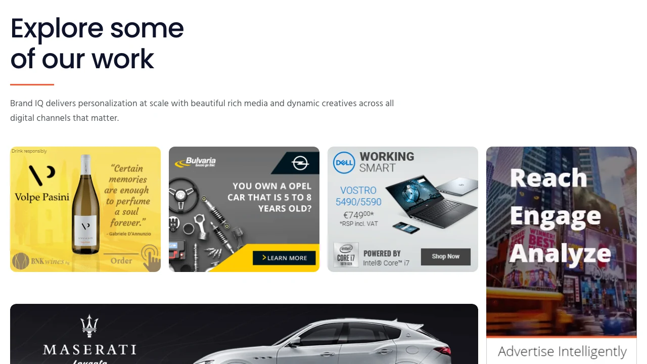 Заснета галерия с креативи на Brand IQ със заглавието Explore some of our work и решетка от рекламни образци