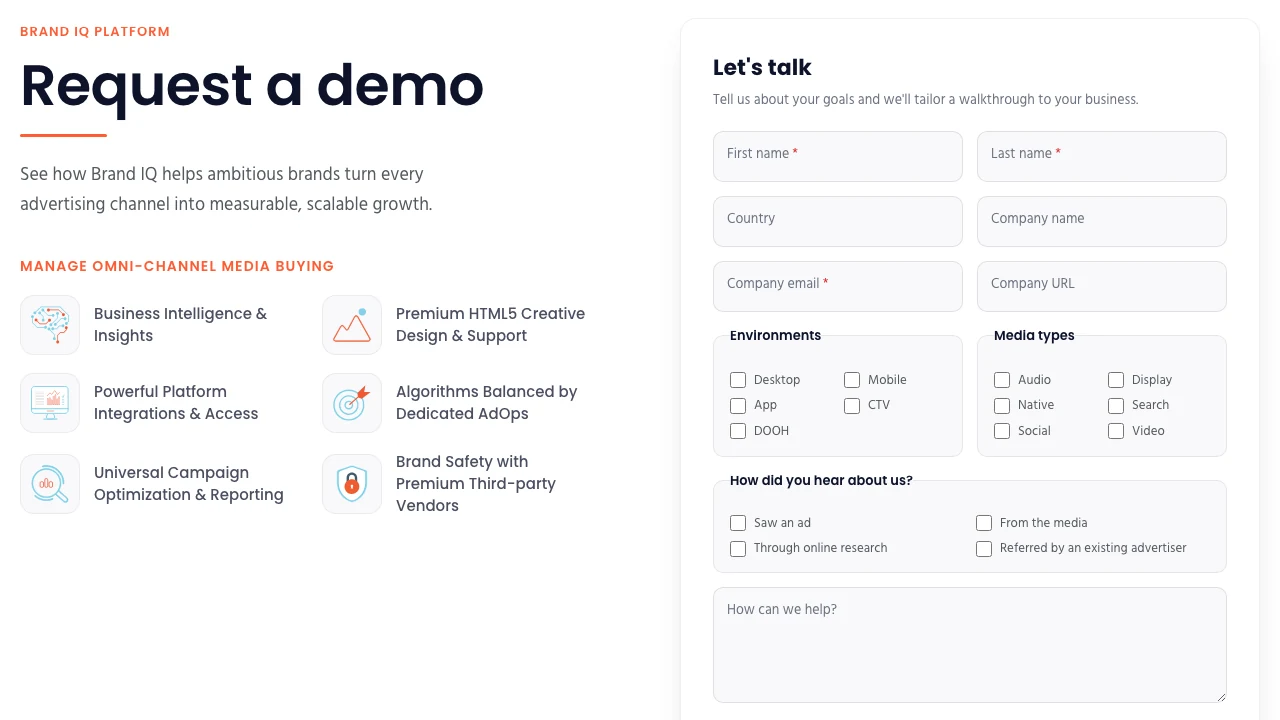 Заснета страница Request a demo на Brand IQ със списъка с услуги и формата Let’s talk