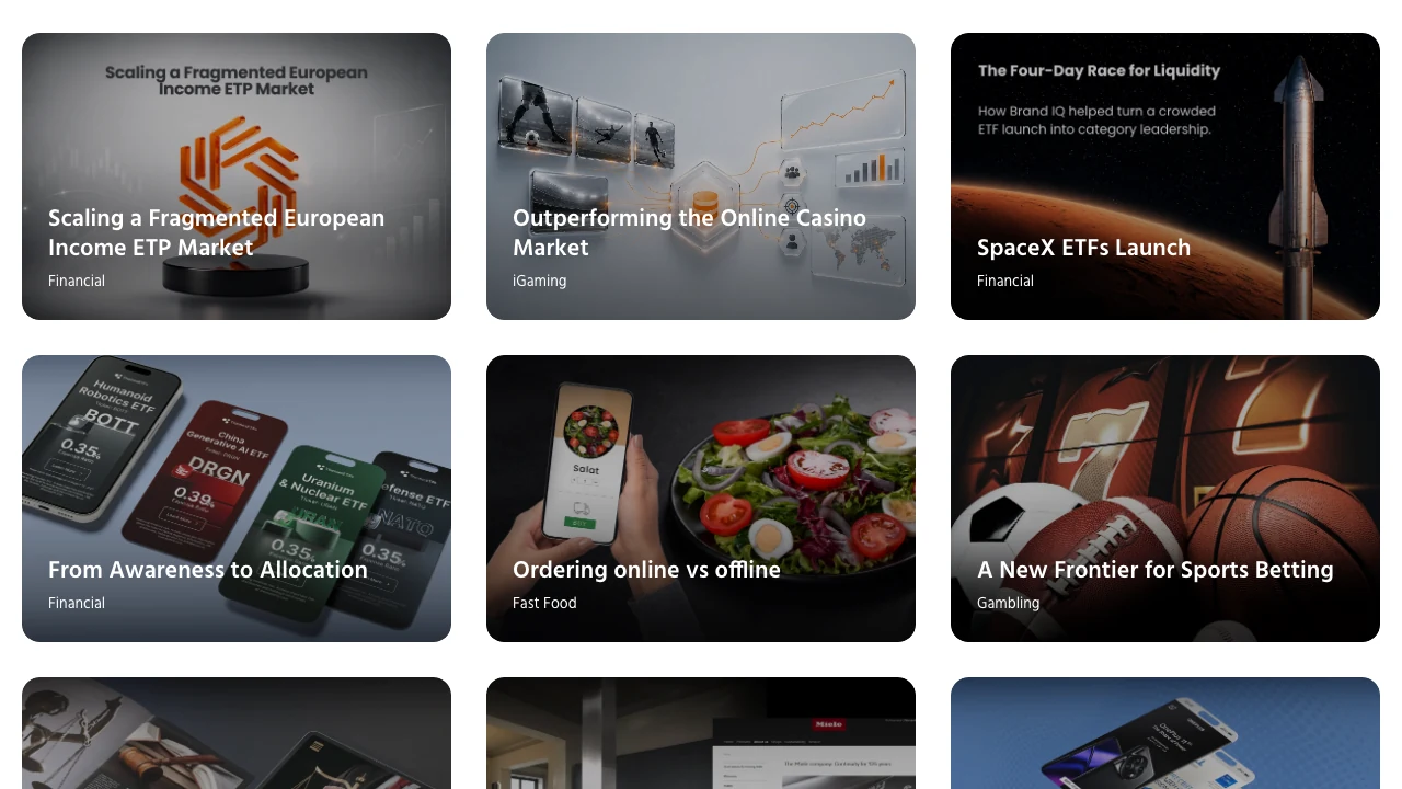 Заснета решетка от страницата Success stories на Brand IQ с карти с етикети за сектор