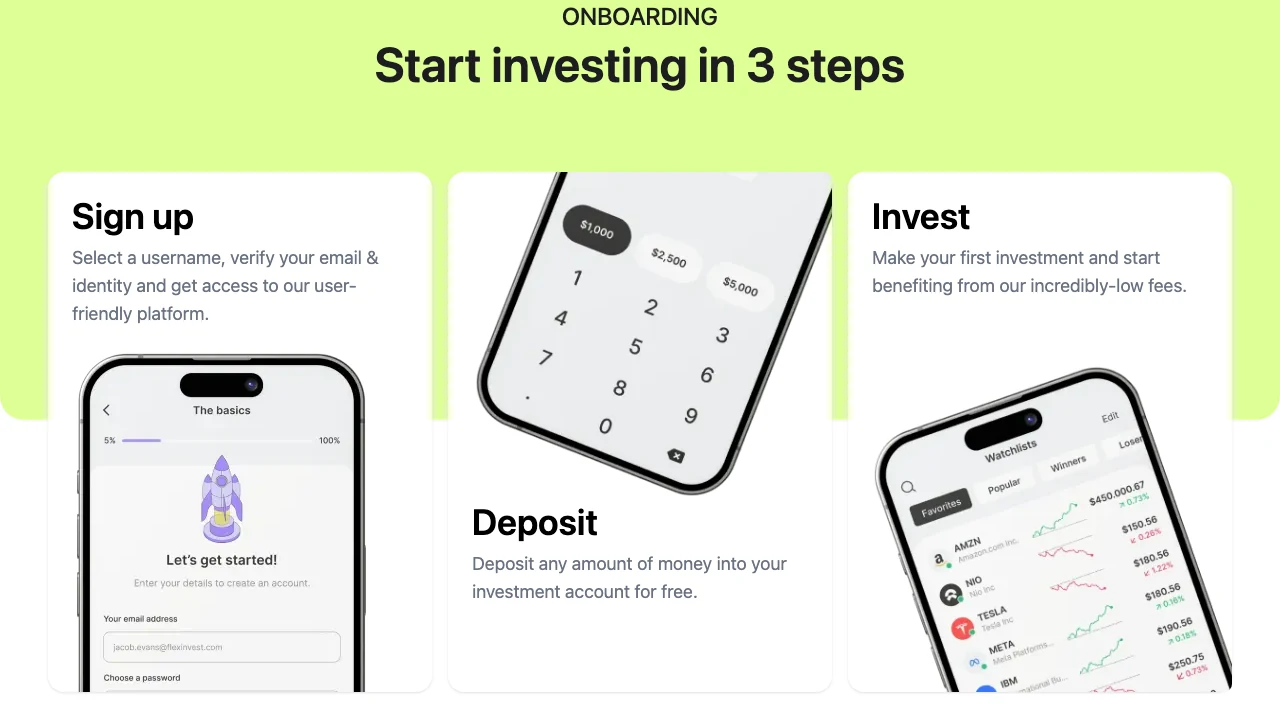 Заснета секция за онбординг на началната страница на FlexInvest с карти Sign up, Deposit и Invest