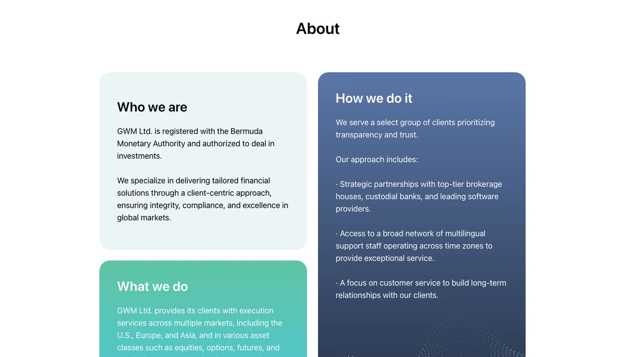 Erfasster About-Abschnitt von GWM Ltd. mit den Karten Who we are, What we do und How we do it