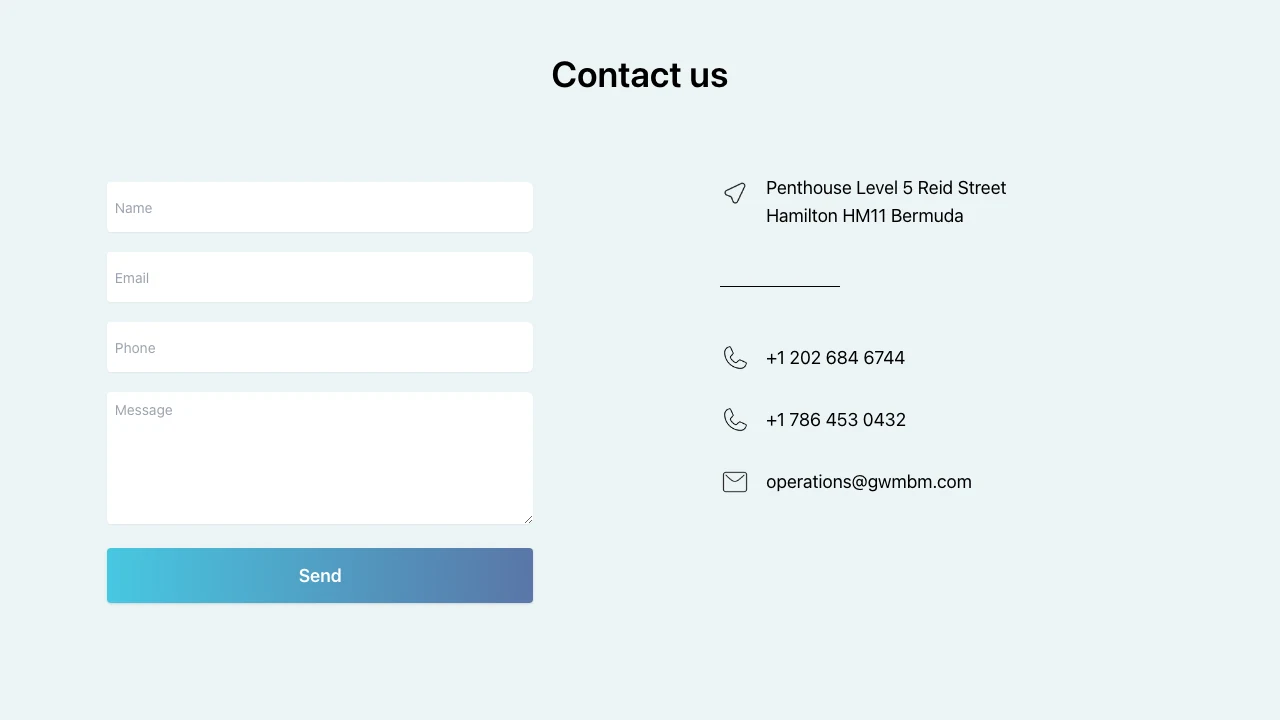 Erfasster Abschnitt Contact us von GWM Ltd. mit Anfrageformular, Postanschrift, Telefonnummern und E-Mail-Adresse