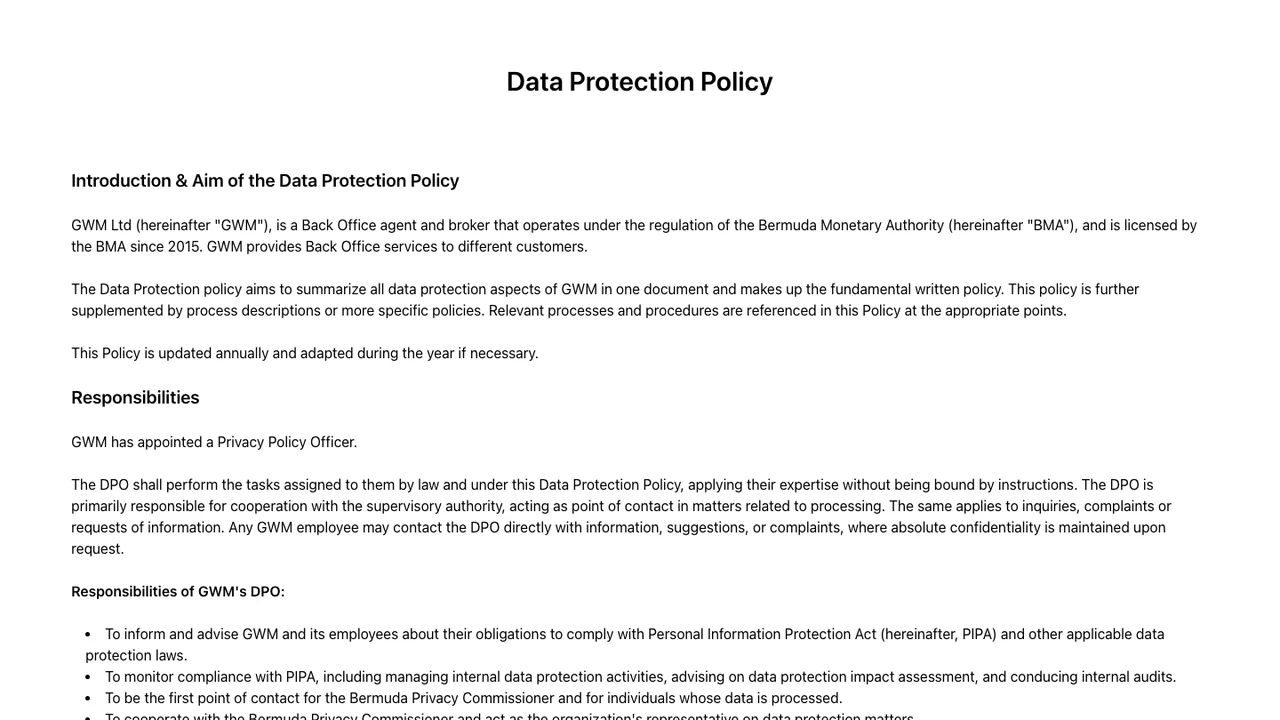 Erfasster Abschnitt Data Protection Policy von GWM Ltd. mit den Überschriften Introduction & Aim und Responsibilities