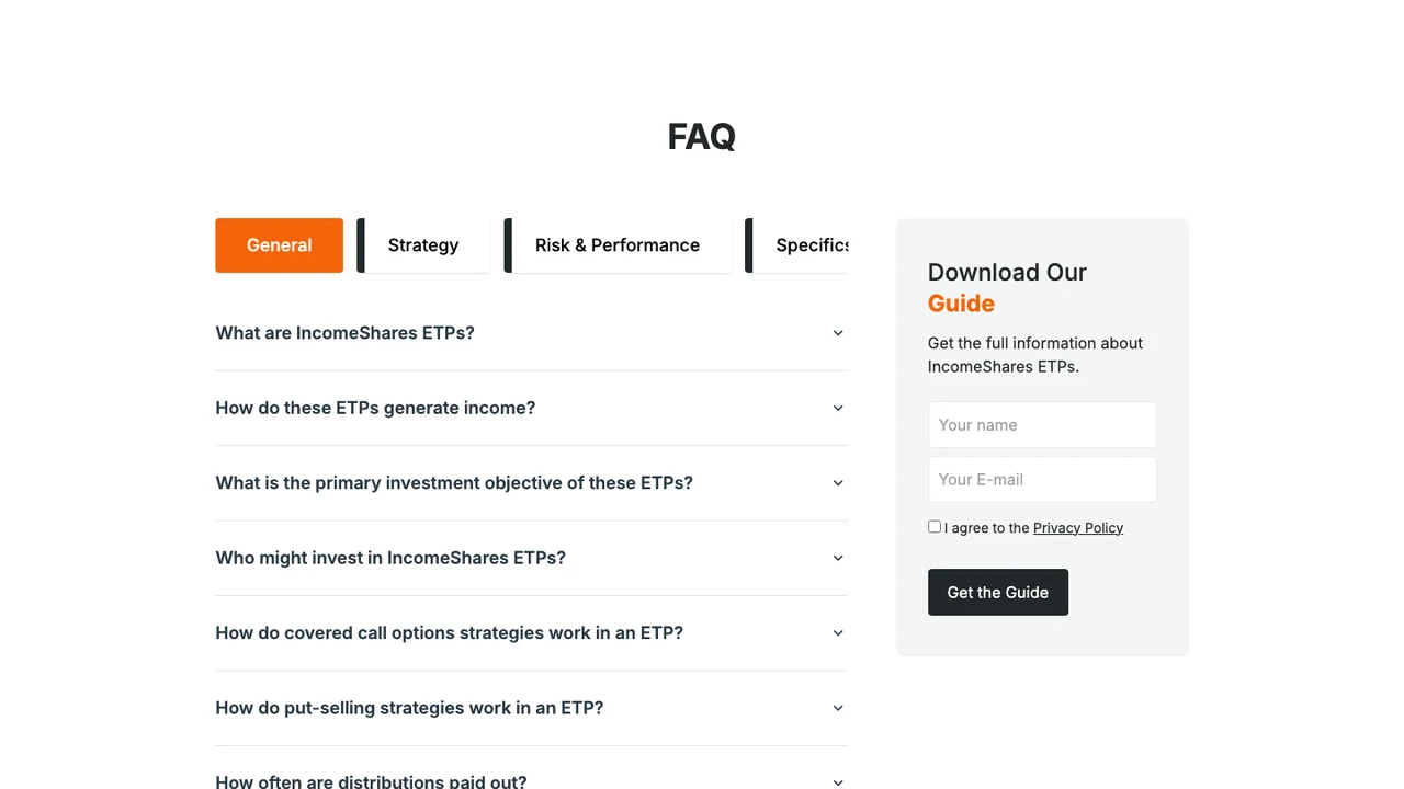 Erfasste FAQ von IncomeShares mit gruppierten Frage-Tabs und Formular zum Herunterladen des Guides