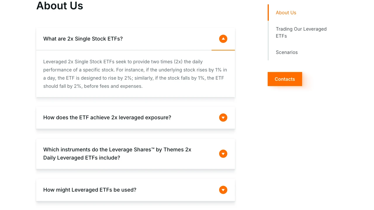Captured Leverage Shares FAQ with an open answer and grouped questions about leveraged ETFs