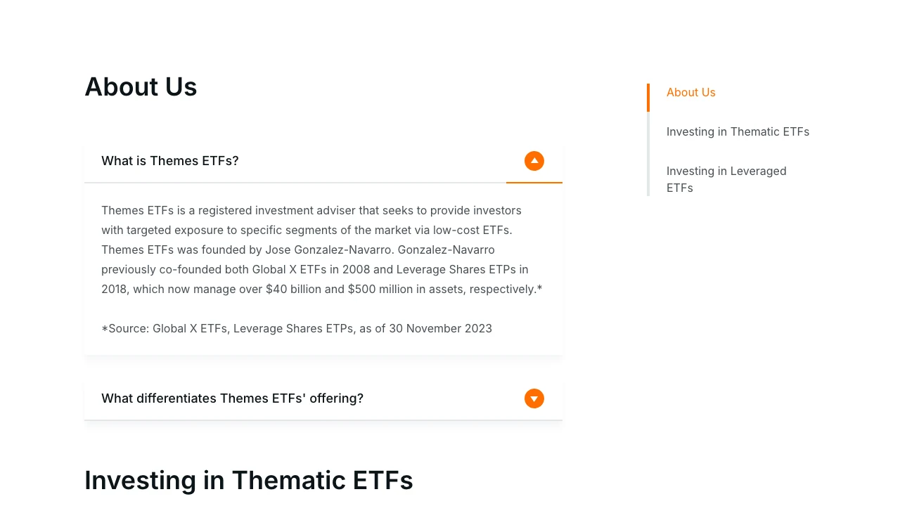 Erfasste FAQ-Seite von Themes ETFs mit gruppierten Fragen und Abschnittsindex
