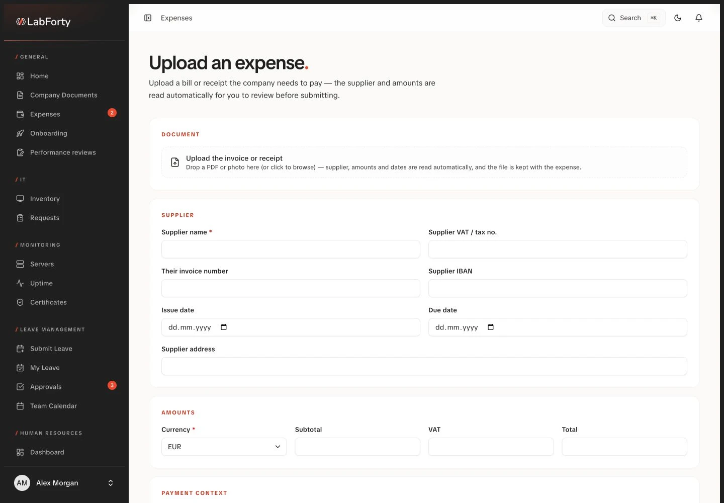 Supplier bill upload and AI autofill interface with fictional demo data