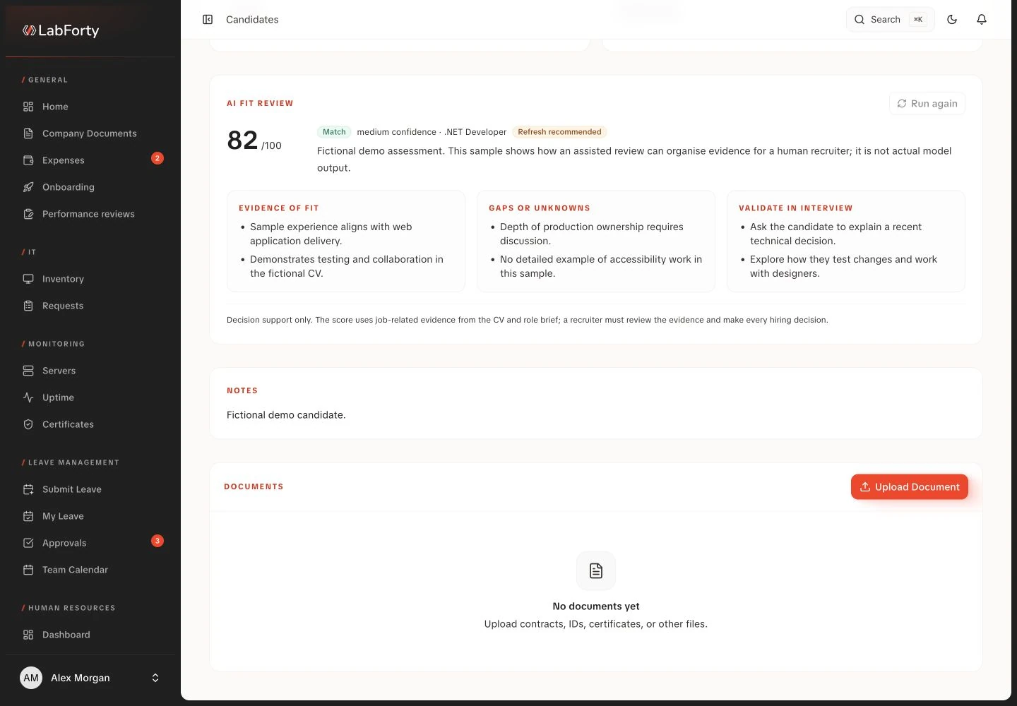 Candidate role-fit assessment interface with fictional demo data