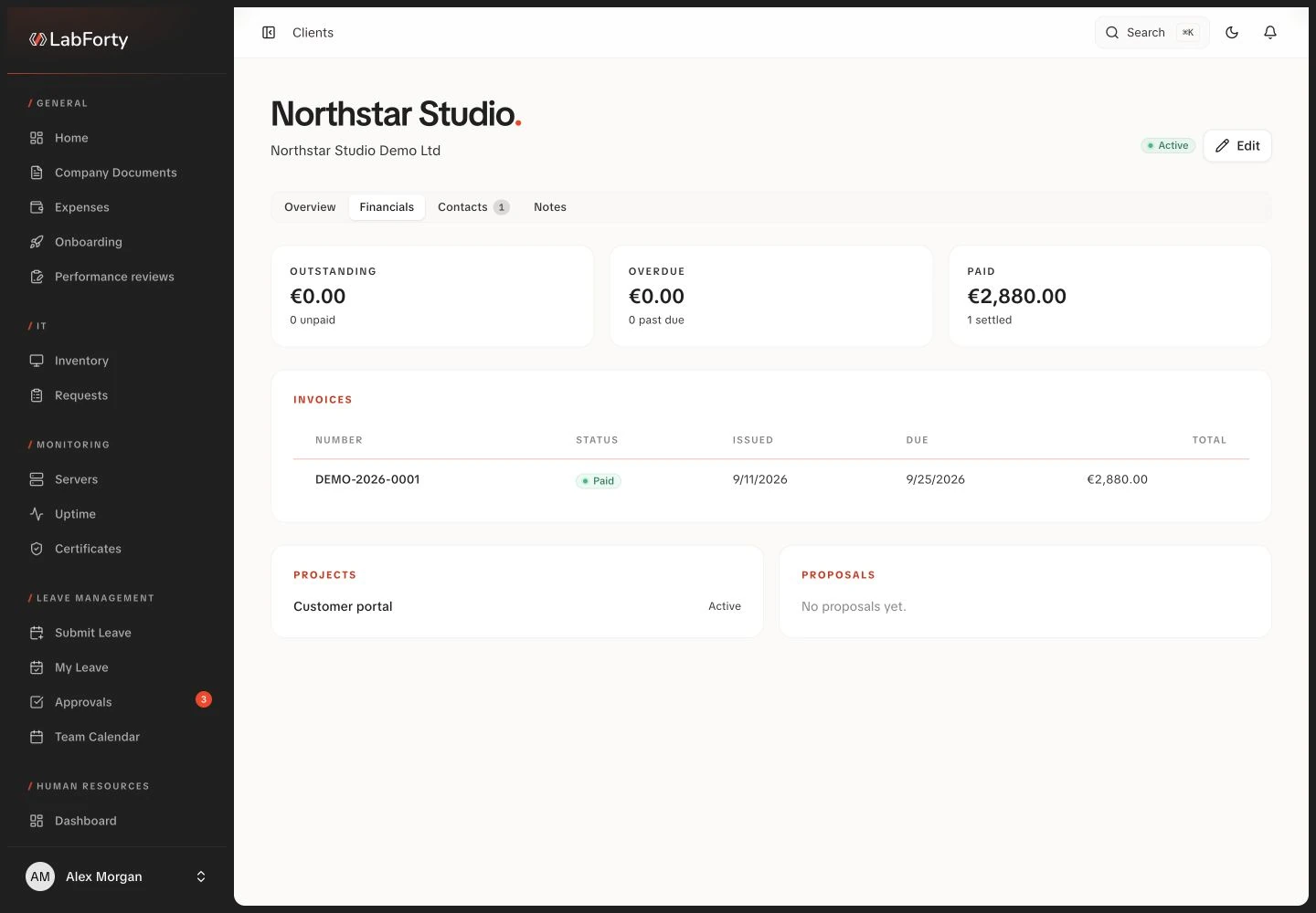 Client register in the LabForty intranet with fictional demo data