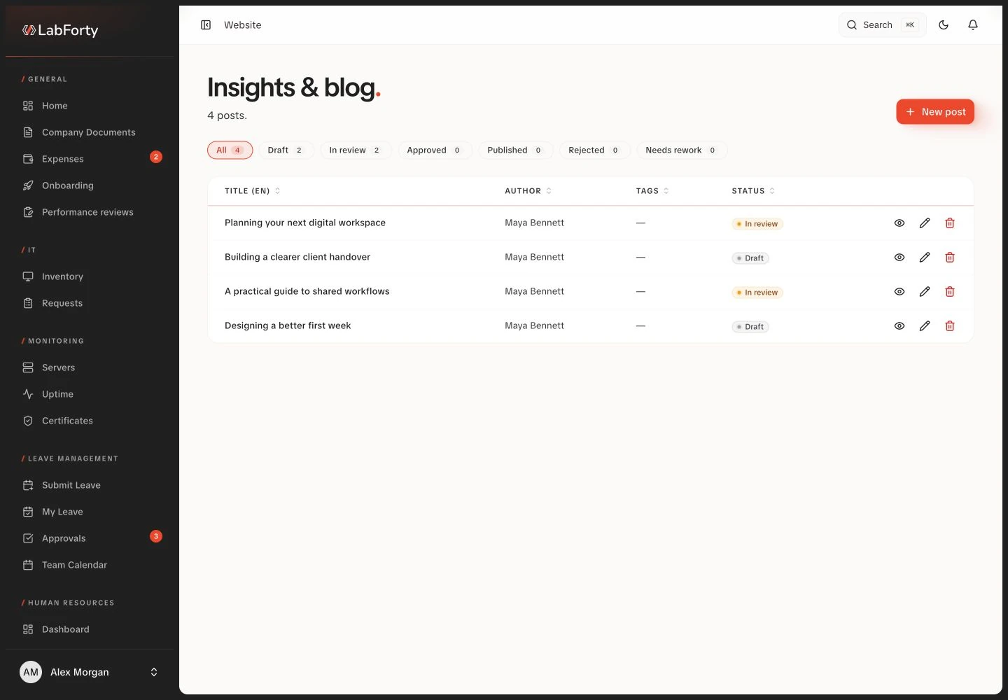 Website content hub in the LabForty intranet with fictional demo data
