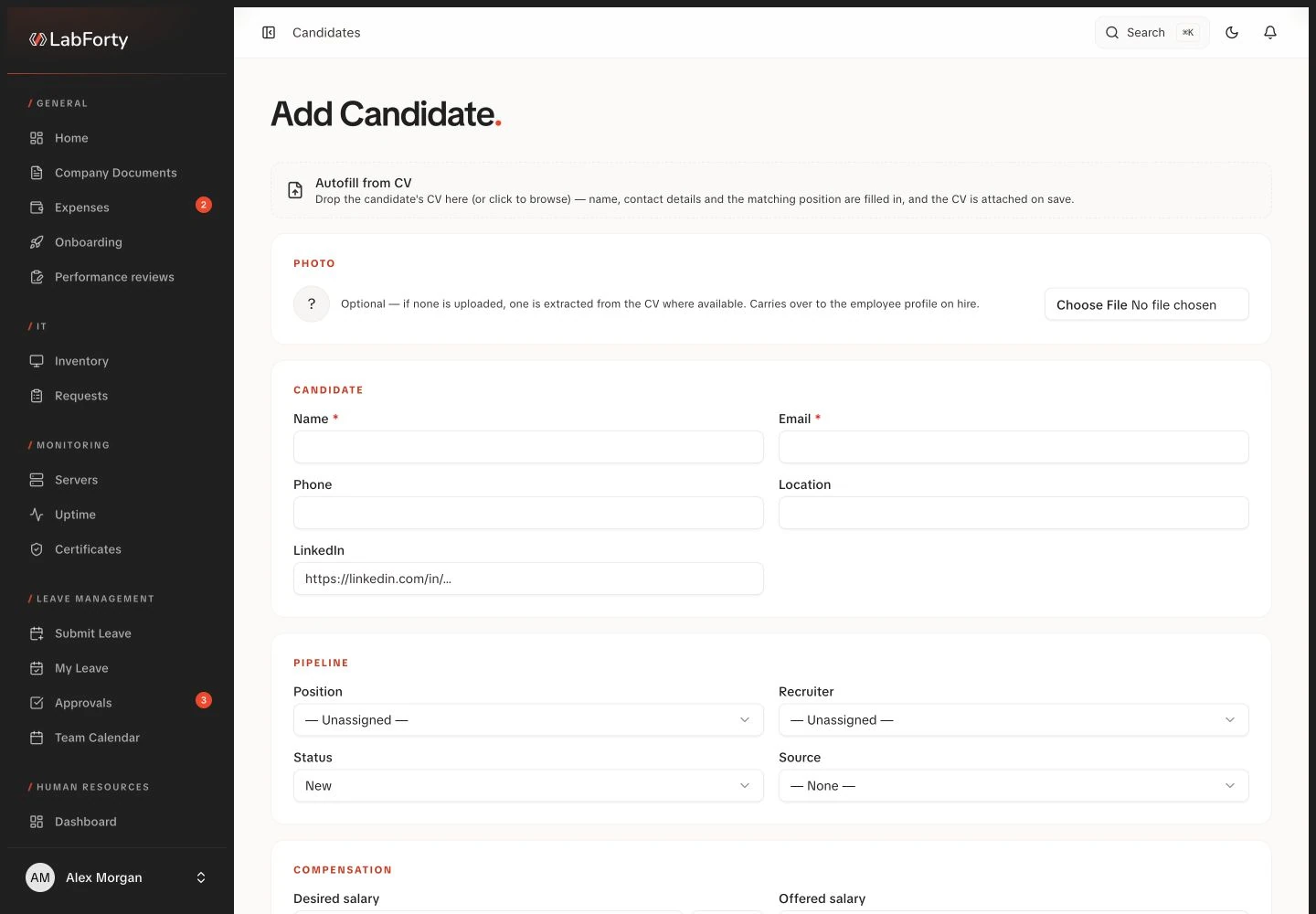 Candidate CV upload and autofill interface with fictional demo data