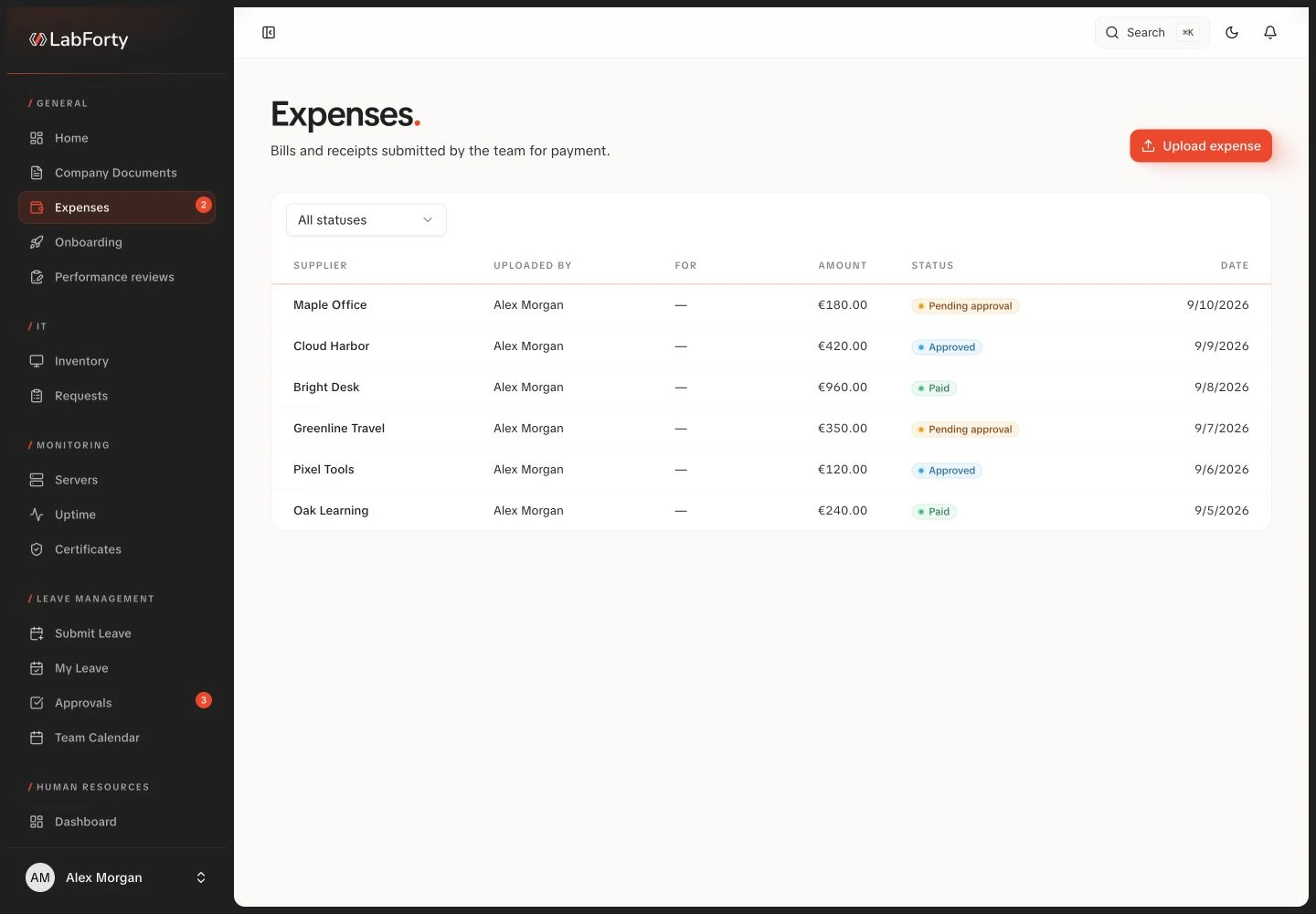 Expenses inbox in the LabForty intranet with fictional demo data