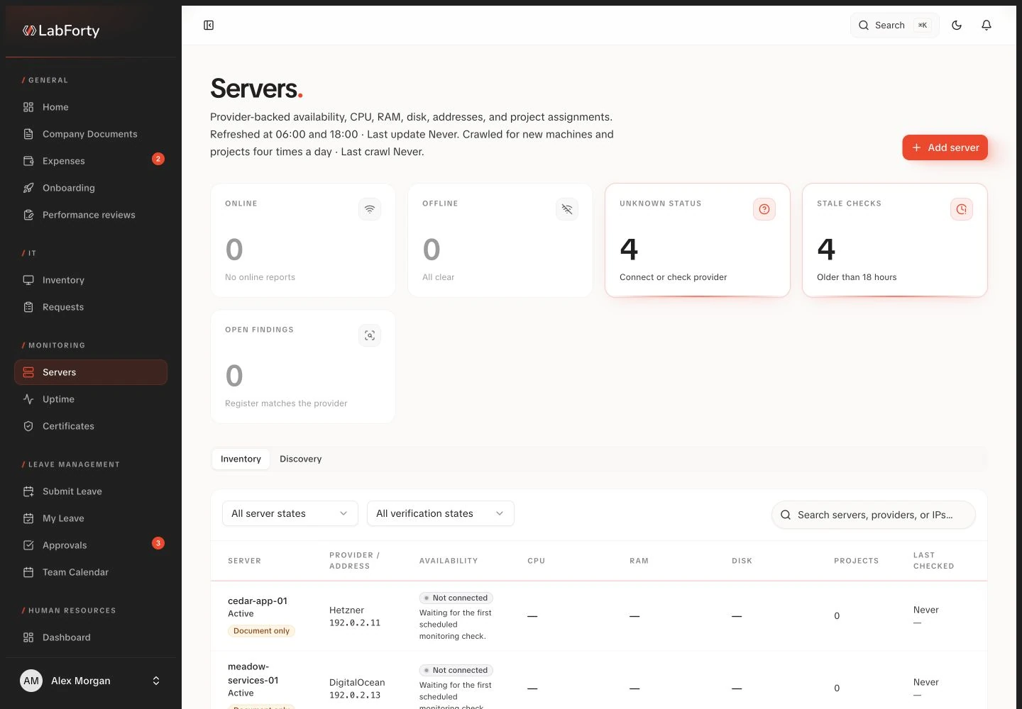 Infrastructure register in the LabForty intranet with fictional demo data