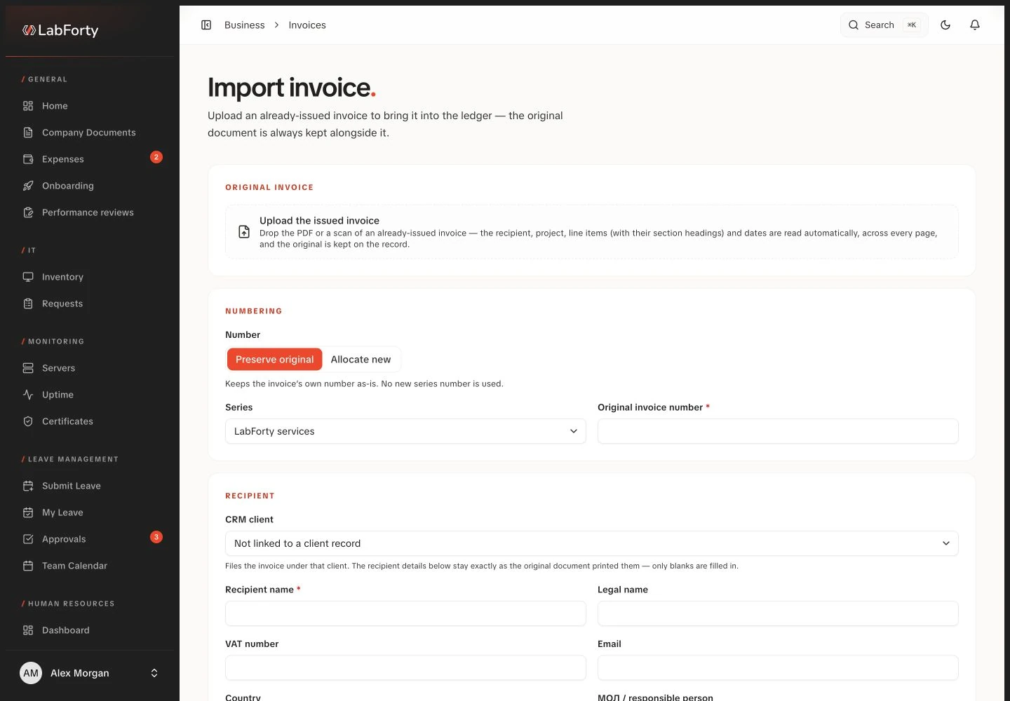 Issued invoice import interface with fictional demo data