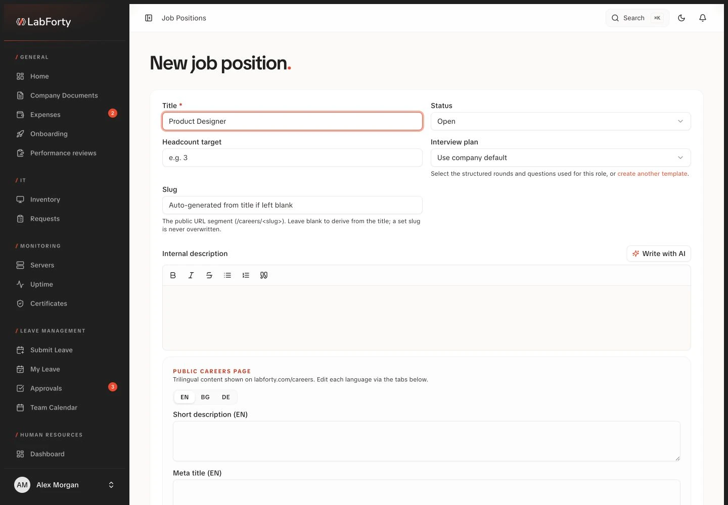 Job description editor with Write with AI control