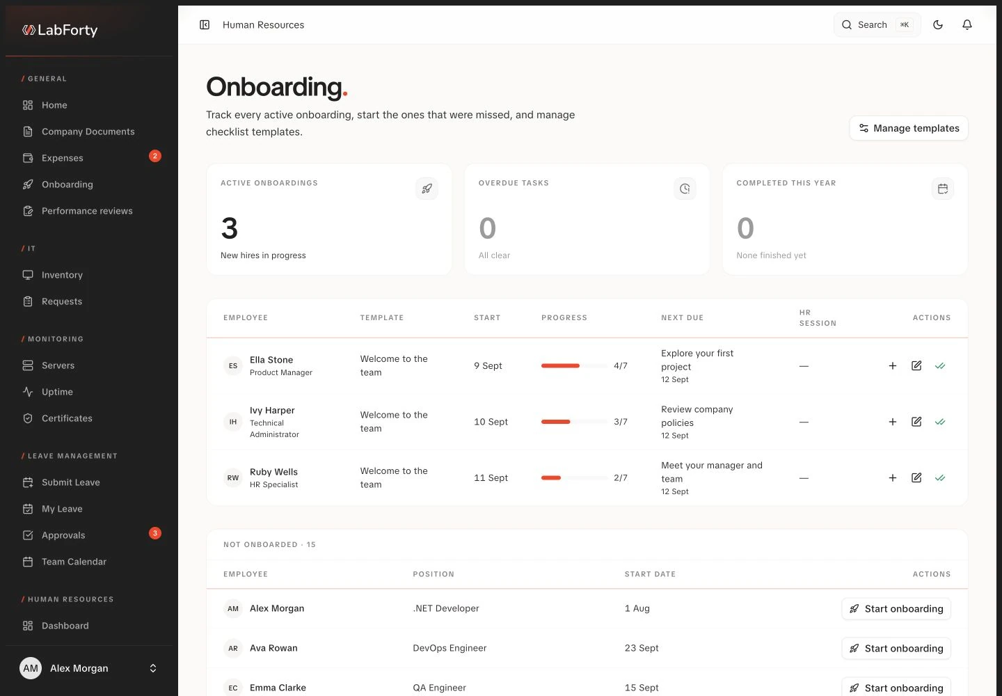 Onboarding dashboard in the LabForty intranet with fictional demo data
