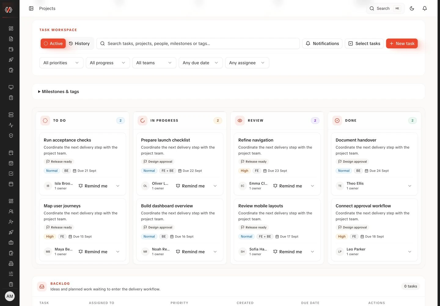 Project management board in the LabForty intranet with fictional demo data