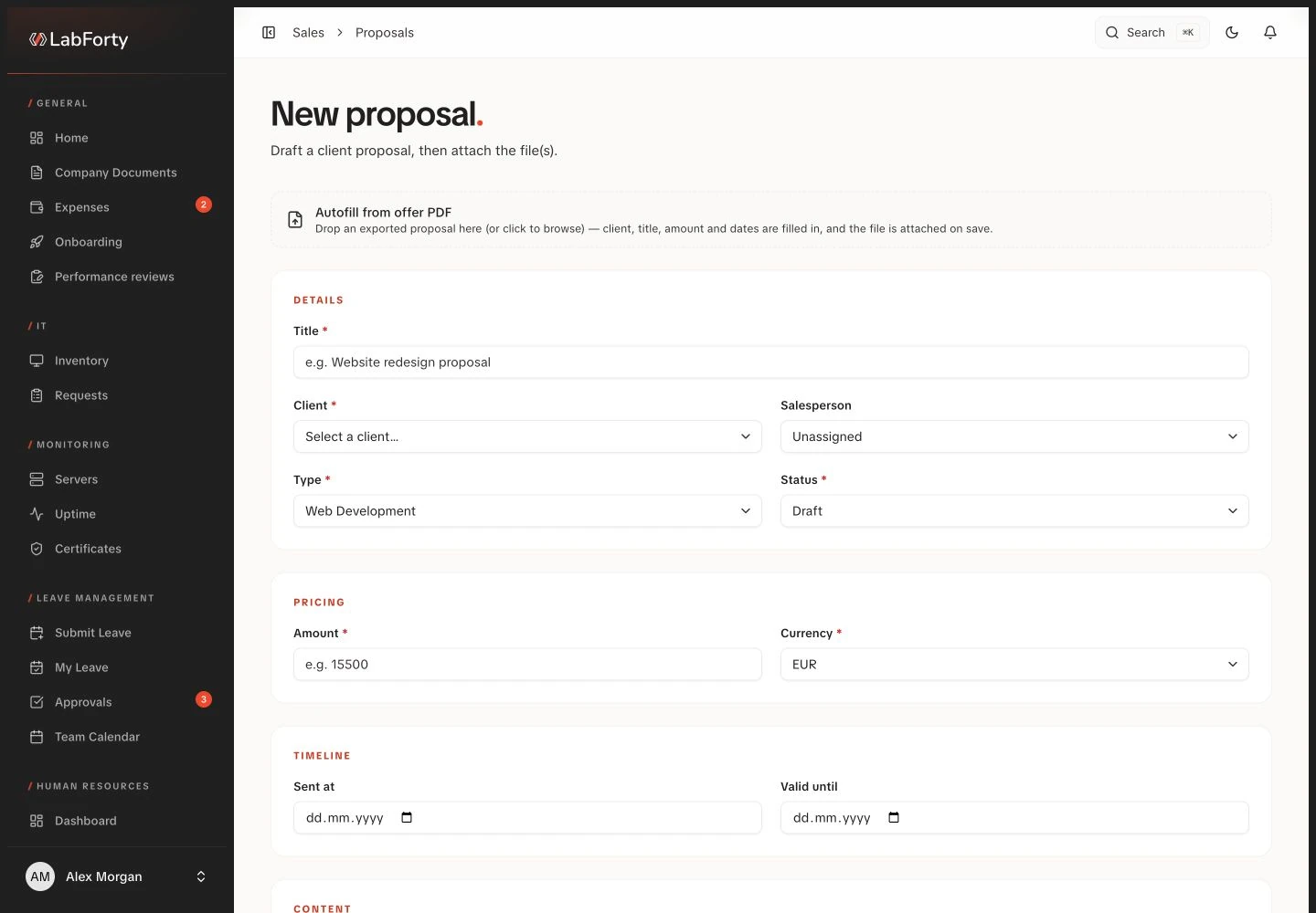 Proposal PDF upload and autofill interface with fictional demo data